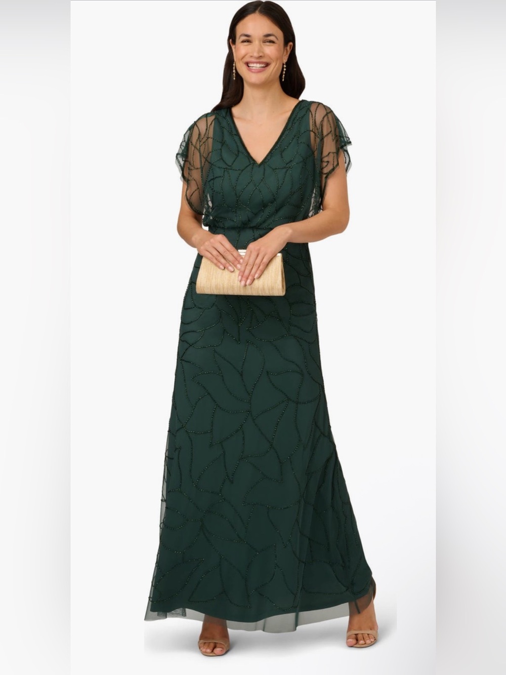 Adrianna Papell Dark Green Beaded Flutter Sleeve Gown NWT SZ 14 Formal MOB GALA - Picture 5 of 13